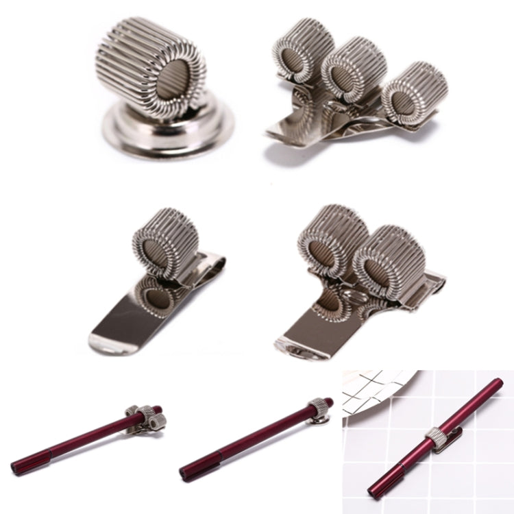 Set of metal pen holder clips, three spring coils on adhesive base plates