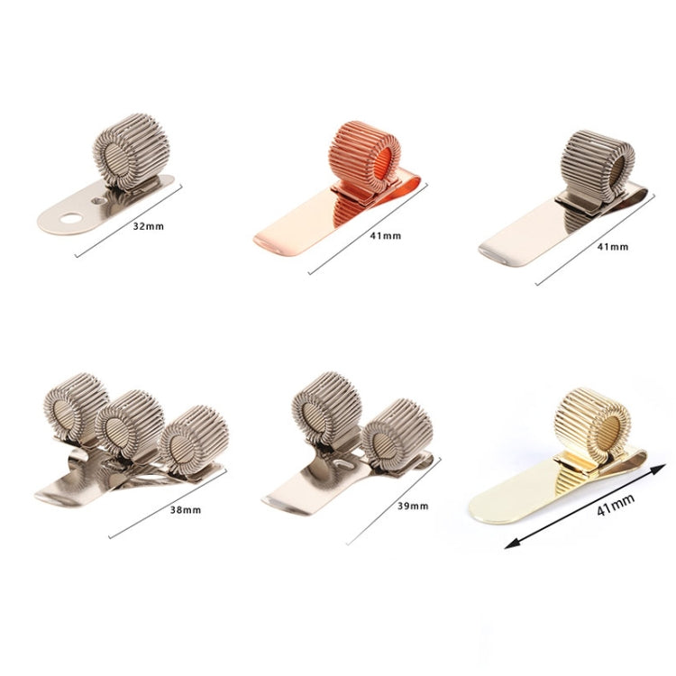 Metal pen holder clips with multiple spring holders, shown with size guides