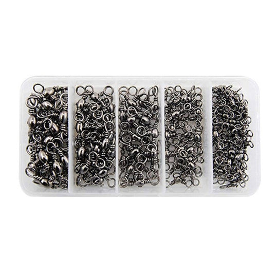Stainless steel swivel fishing rings assortment in clear box, bottle-shaped with three prongs