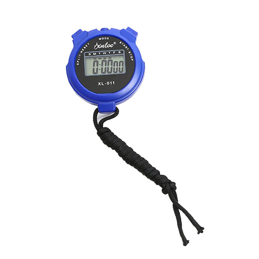 Blue electronic stopwatch with LCD display and black lanyard strap