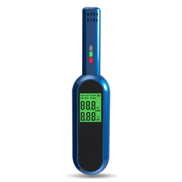 Blue breath alcohol tester with front digital screen showing BAC reading