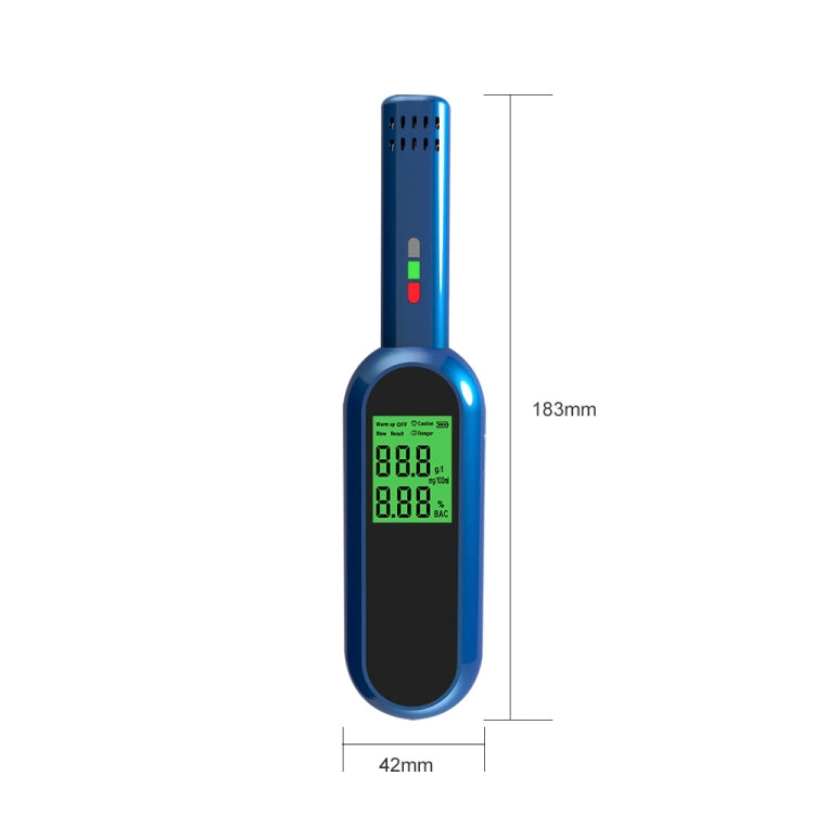 Blue breath alcohol tester body with digital display and size indicators