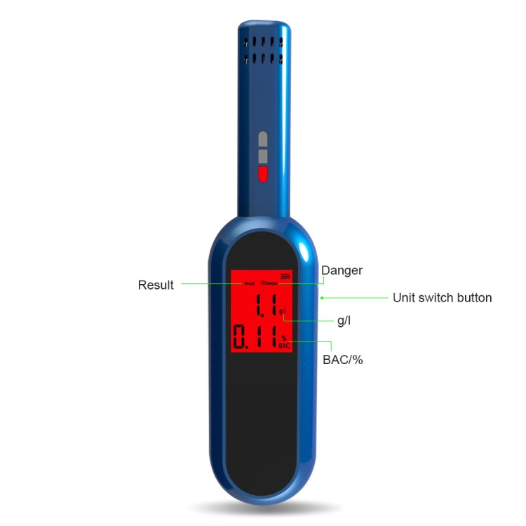 Blue breath alcohol tester with red danger-style result on screen