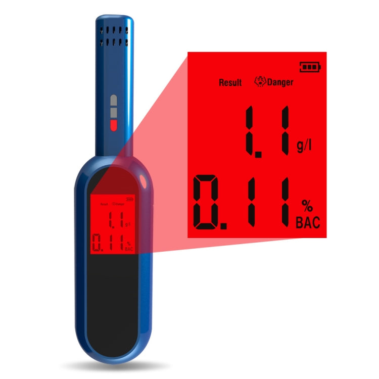 Blue breath alcohol tester with red digital result and warning-style screen