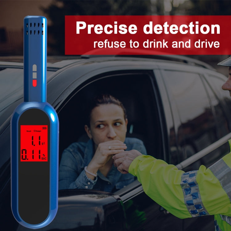 Blue breath alcohol tester held near a car window with digital display lit