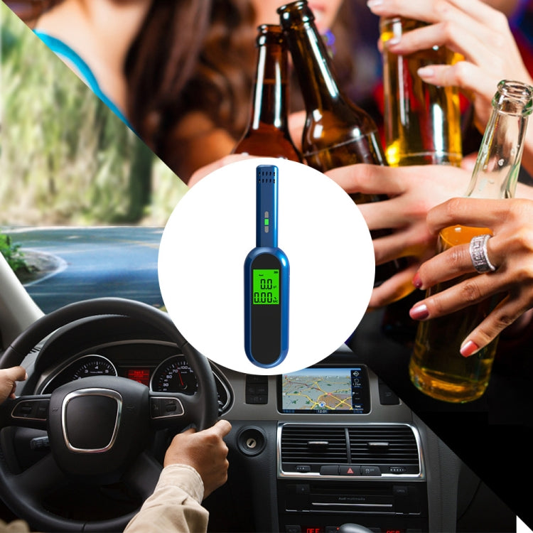 Blue breath alcohol tester with green digital display shown against drinks and car interior
