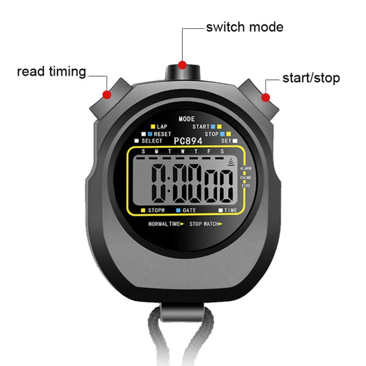 Front view electronic stopwatch with yellow-outlined LCD and labeled buttons