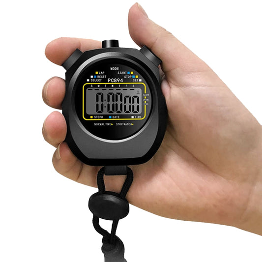 Digital sports stopwatch with black case and yellow LCD timer display