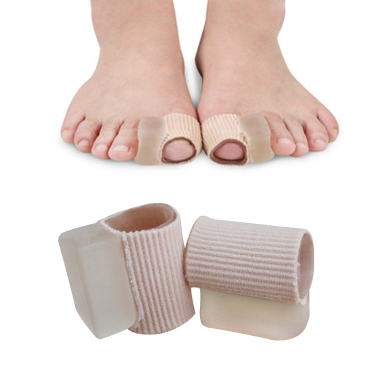 Toe separator tube sleeves for hallux valgus, shown on feet with big toe openings