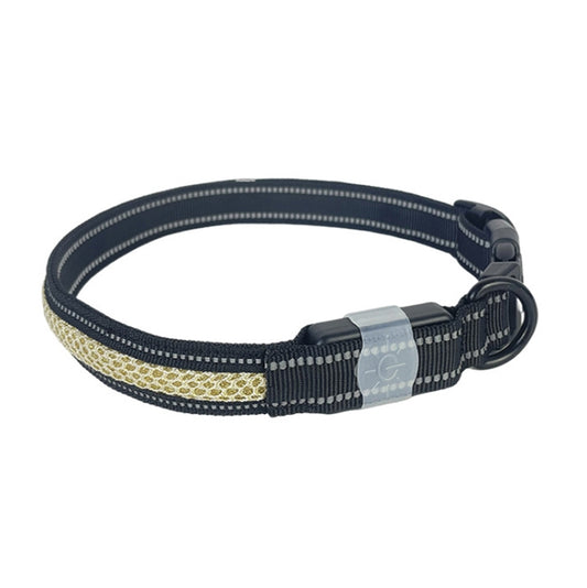 Water-resistant LED pet collar featuring dark fabric, light strip, and metal buckle