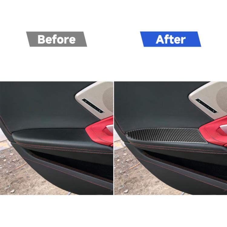 Installed carbon-fiber style inner armrest panel stickers on black interior with red trim