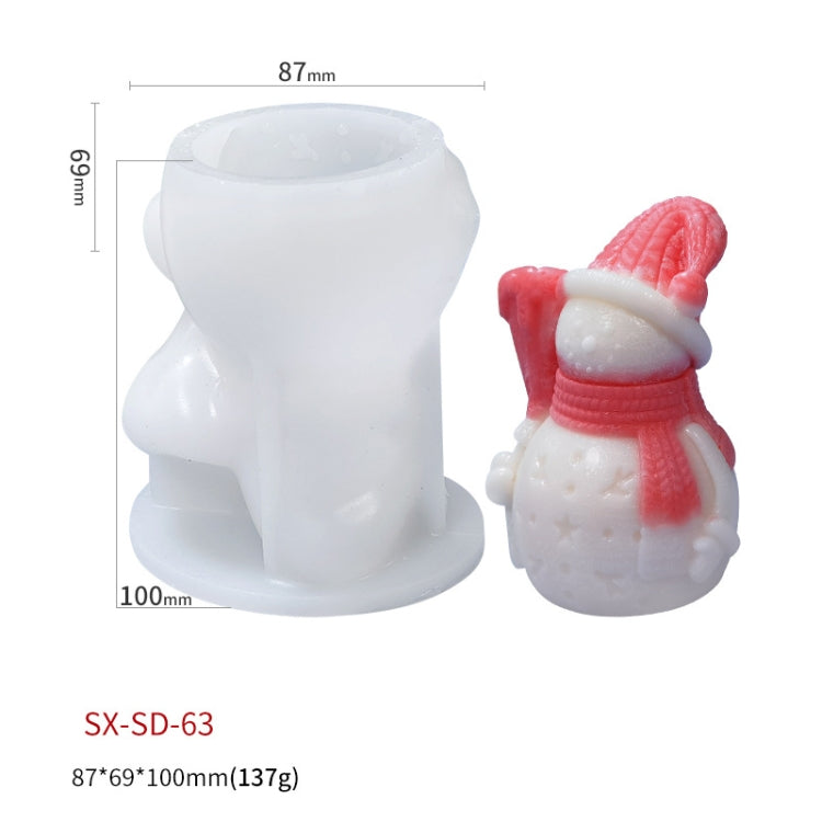White silicone candle mold with snowman-style candle; size marked 87x69x100mm.