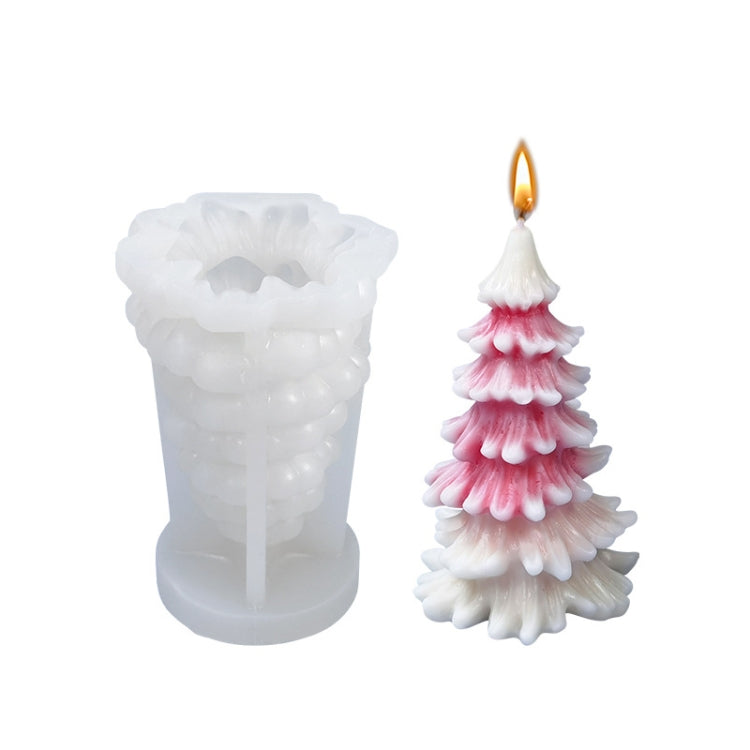 Christmas tree silicone candle mold, white, with molded cavity and sample layered candle