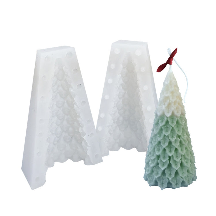Two-piece white Christmas tree silicone candle molds with sample green layered candle