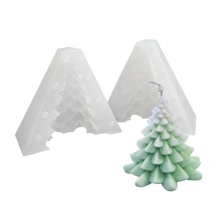 White two-piece Christmas tree silicone candle mold set with sample mint-green layered candle