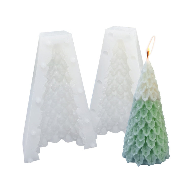 White two-piece Christmas tree silicone candle mold with sample pale-green layered candle