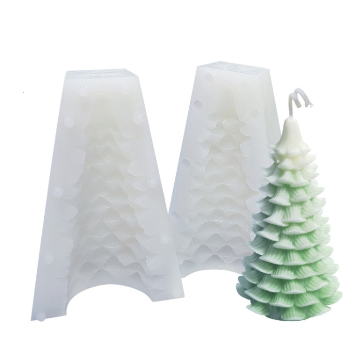Two-piece white Christmas tree silicone candle mold with sample light-green layered candle