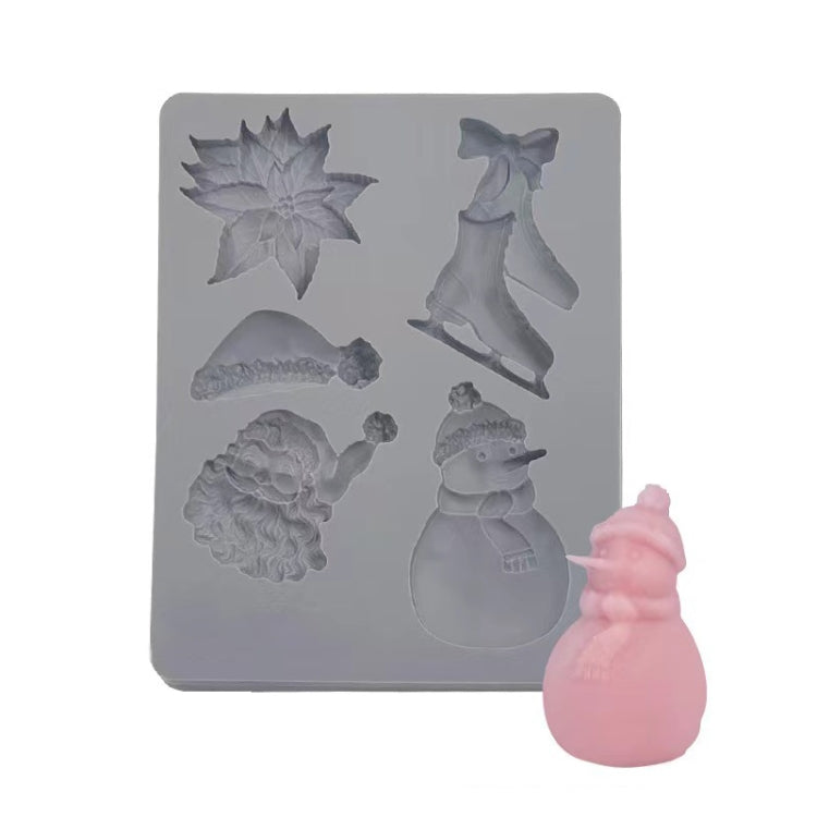 Square Christmas silicone candle mold with embossed figures: leaf, boots, Santa, snowman