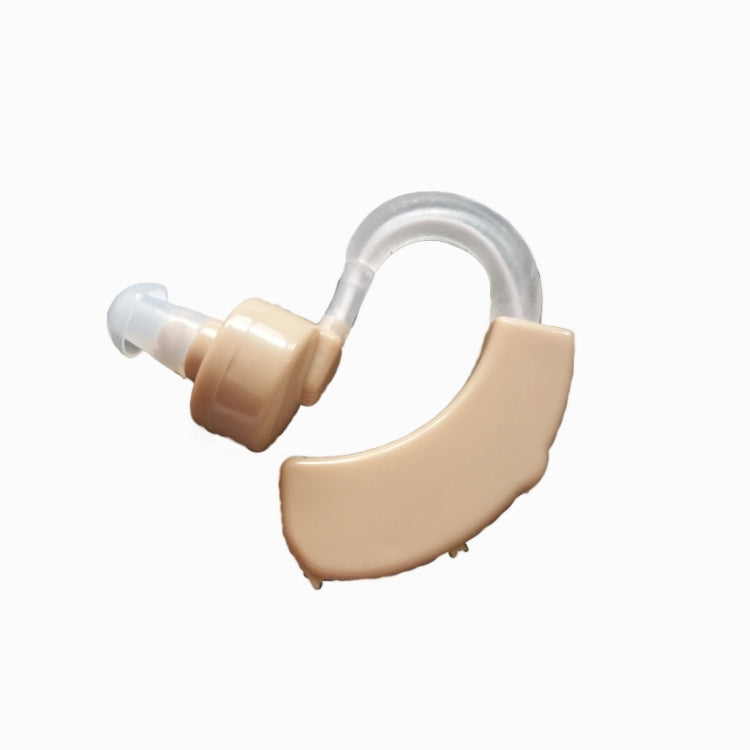 Beige behind-the-ear hearing aid with clear earhook and small sound tube