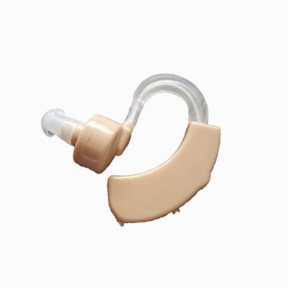 Beige behind-the-ear hearing aid with clear earhook and small sound tube