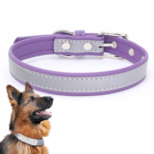 Purple pet collar with gray reflective strip, metal D-ring and buckle, soft padded strap