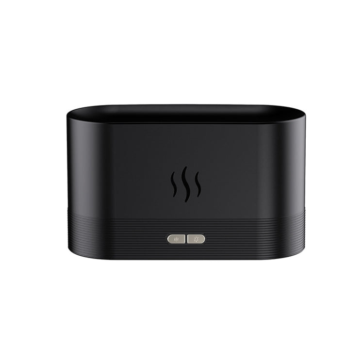 Black desktop flame aromatherapy humidifier with water drop and control lights.