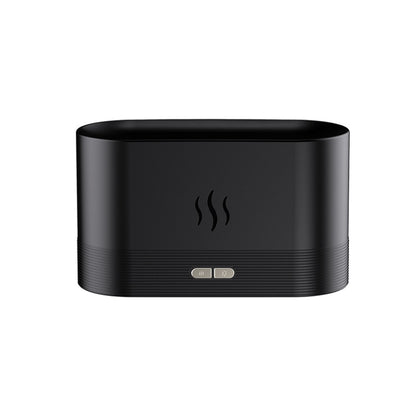 Black desktop flame aromatherapy humidifier with water drop and control lights.