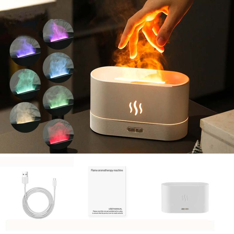 White desktop flame aromatherapy humidifier with glowing flame effect and button controls.