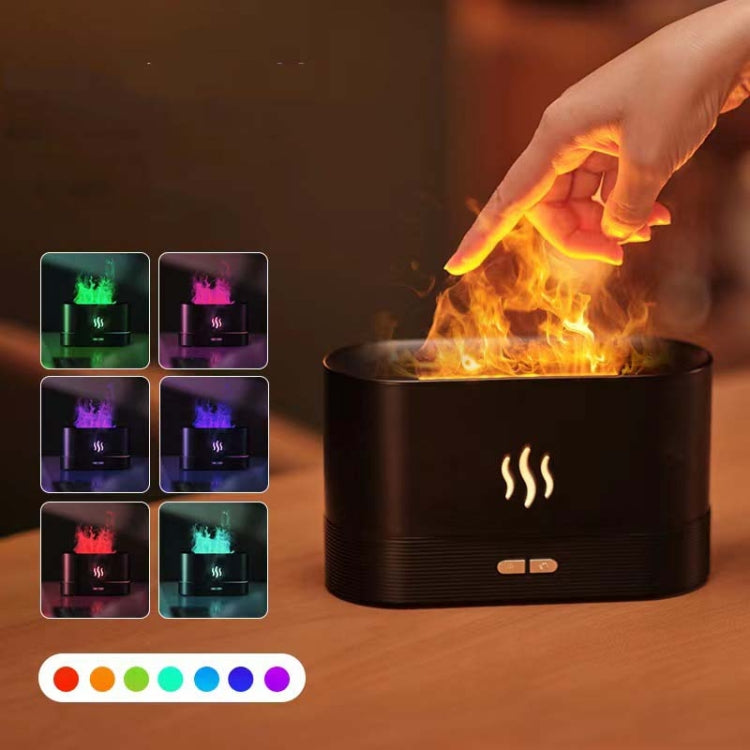 Black flame aromatherapy humidifier with multi-color glowing flame effect and control panel.