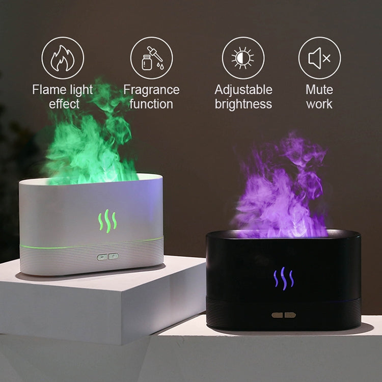 White and black flame aromatherapy humidifiers showing light effect and control icons.