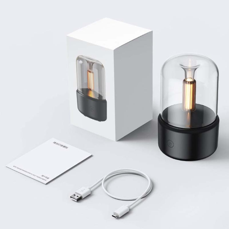 Aroma diffuser with simulated candlelight glass dome, USB cable, and box
