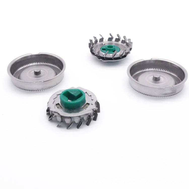 Shaver cutter head set: two round blades and one central cutter unit with green insert
