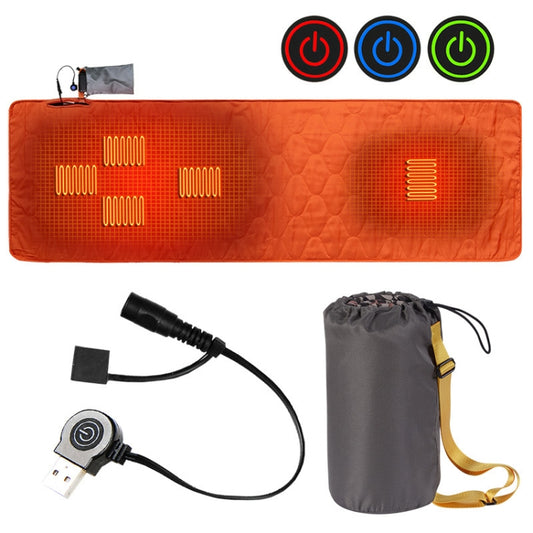 Orange portable heated sleeping pad with glowing heat zones and power cable control buttons