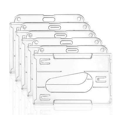 Horizontal frosted ID badge holder in clear plastic, with card window and top slot.