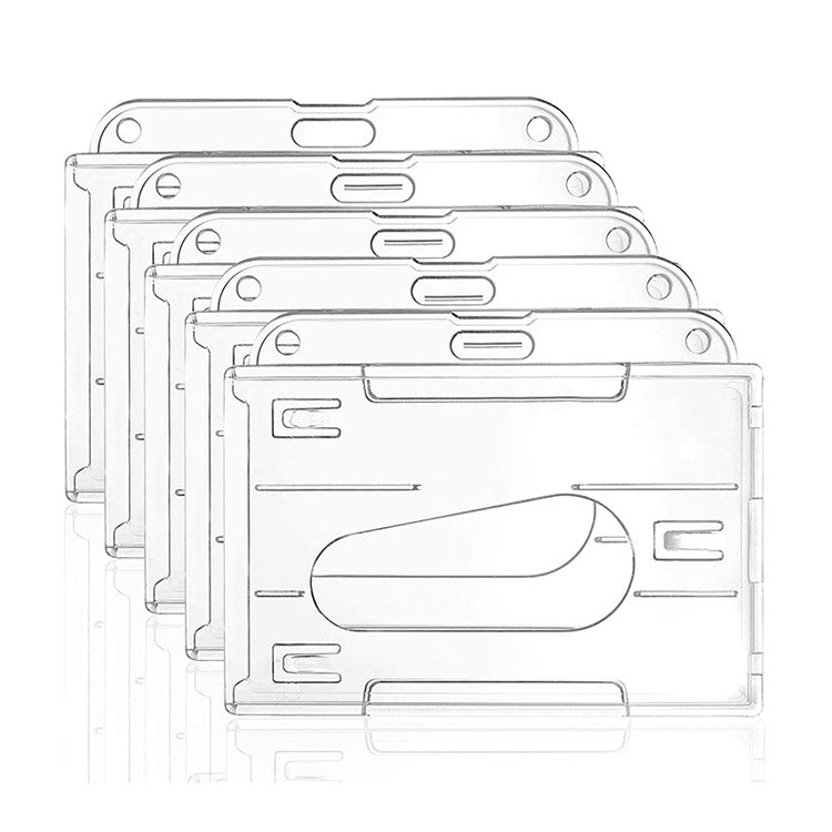 Stack of horizontal frosted ID badge holders in clear plastic, with card window and slot.