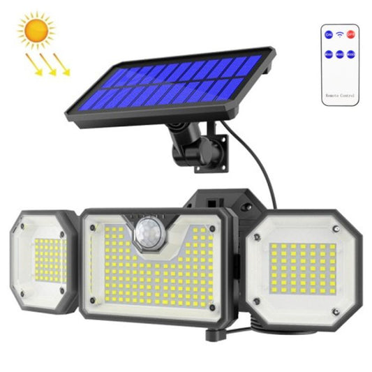 Solar motion sensor LED outdoor light with three adjustable light heads, black housing
