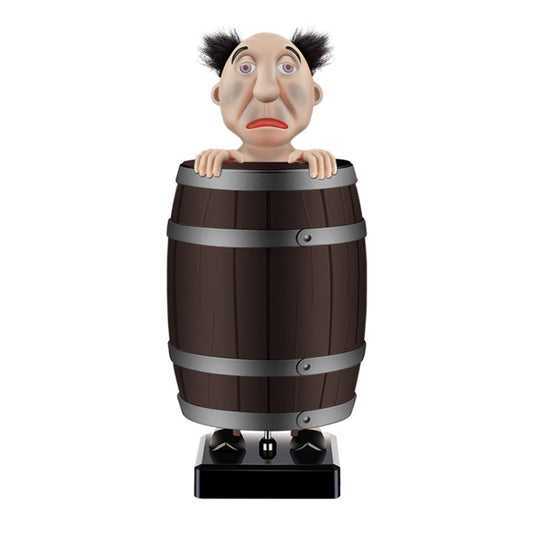 Brown barrel-shaped novelty cigarette case with crank character figurine