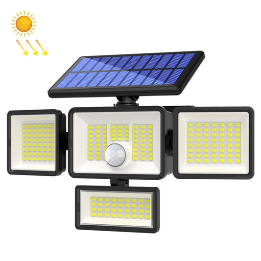 Solar wall light with black housing, fold-out solar panel and four LED lamp panels
