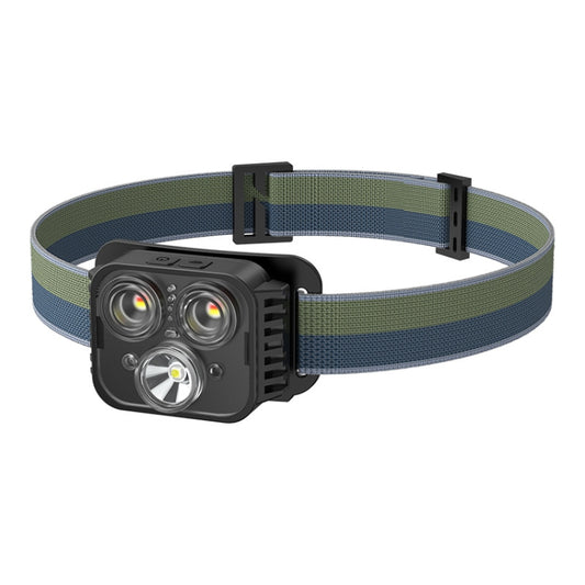 3-light waterproof USB rechargeable headlamp with green fabric head strap