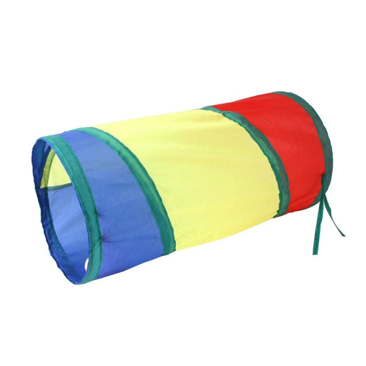 Rainbow foldable pet play tunnel with blue, yellow, and red fabric panels, end opening.