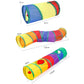 Collapsible rainbow cat tunnel with three tube sections and rounded tunnel openings.