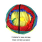 Foldable rainbow pet tunnel with green trim and circular front entrance.