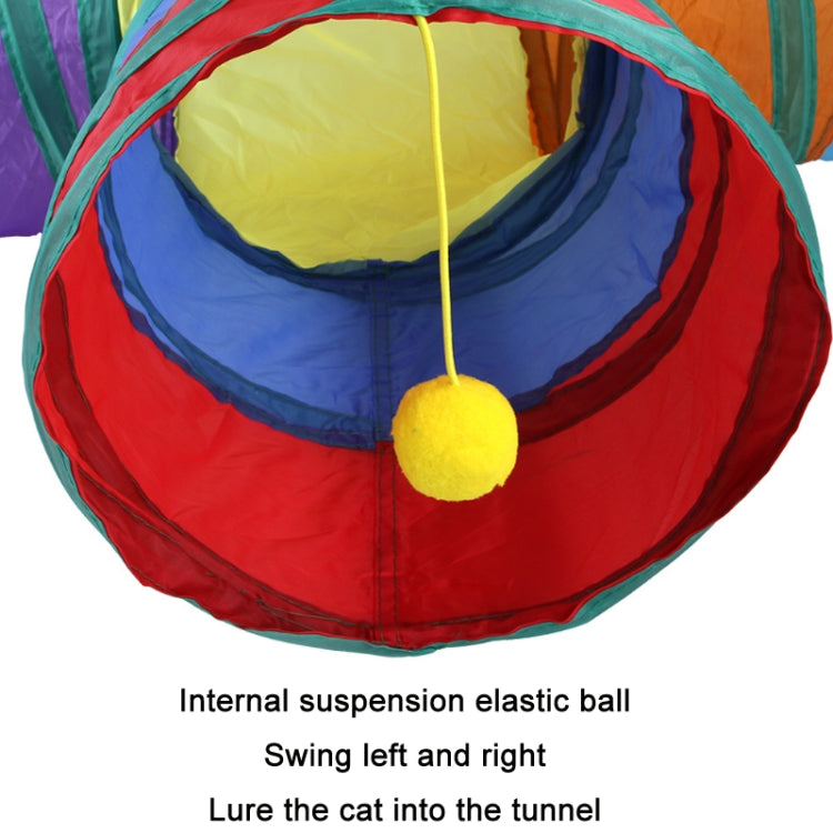Rainbow cat tunnel interior with hanging yellow pom and elastic suspension ball.