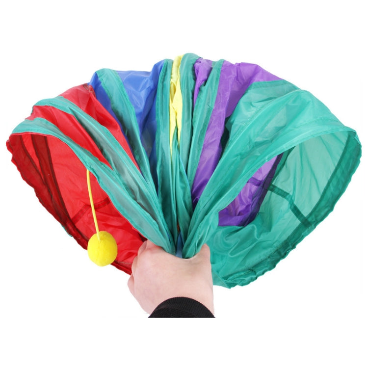 Rainbow collapsible tunnel fanned open, teal and purple mesh side panels.