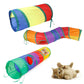 Rainbow pet play tunnel set with two connected tunnels and end entrances, cat playing.