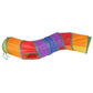 Rainbow pet play tunnel in orange, purple, and red sections with rounded end openings.