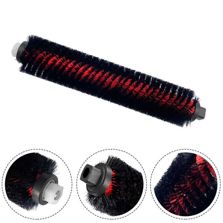Robot vacuum main brush roller with black bristles and red trim, end caps shown
