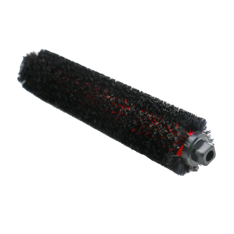 Robot vacuum main brush roller with dense black bristles and red speckled inserts