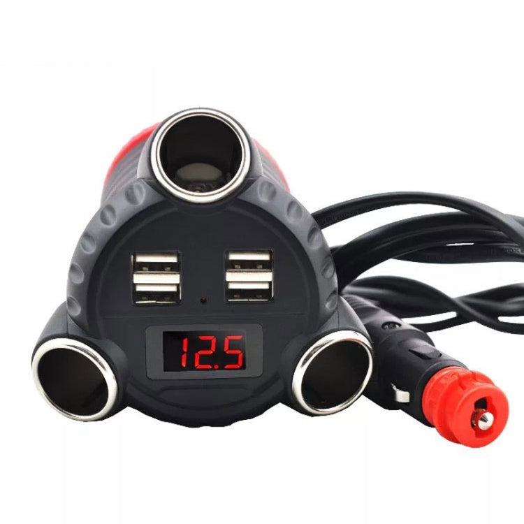 Black 4-port USB car charger with LED voltage display and two cigarette-lighter outlets