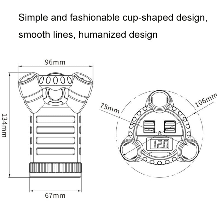 Cup-shaped 4-port USB car charger diagram with dimensions and port layout